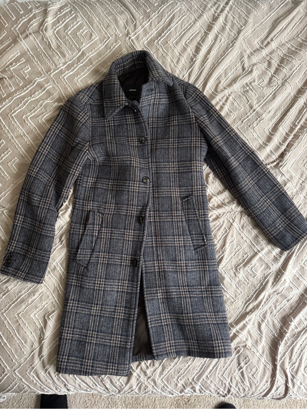 Express Pea Coat in Gray and Blue Plaid Wool Blend Topcoat